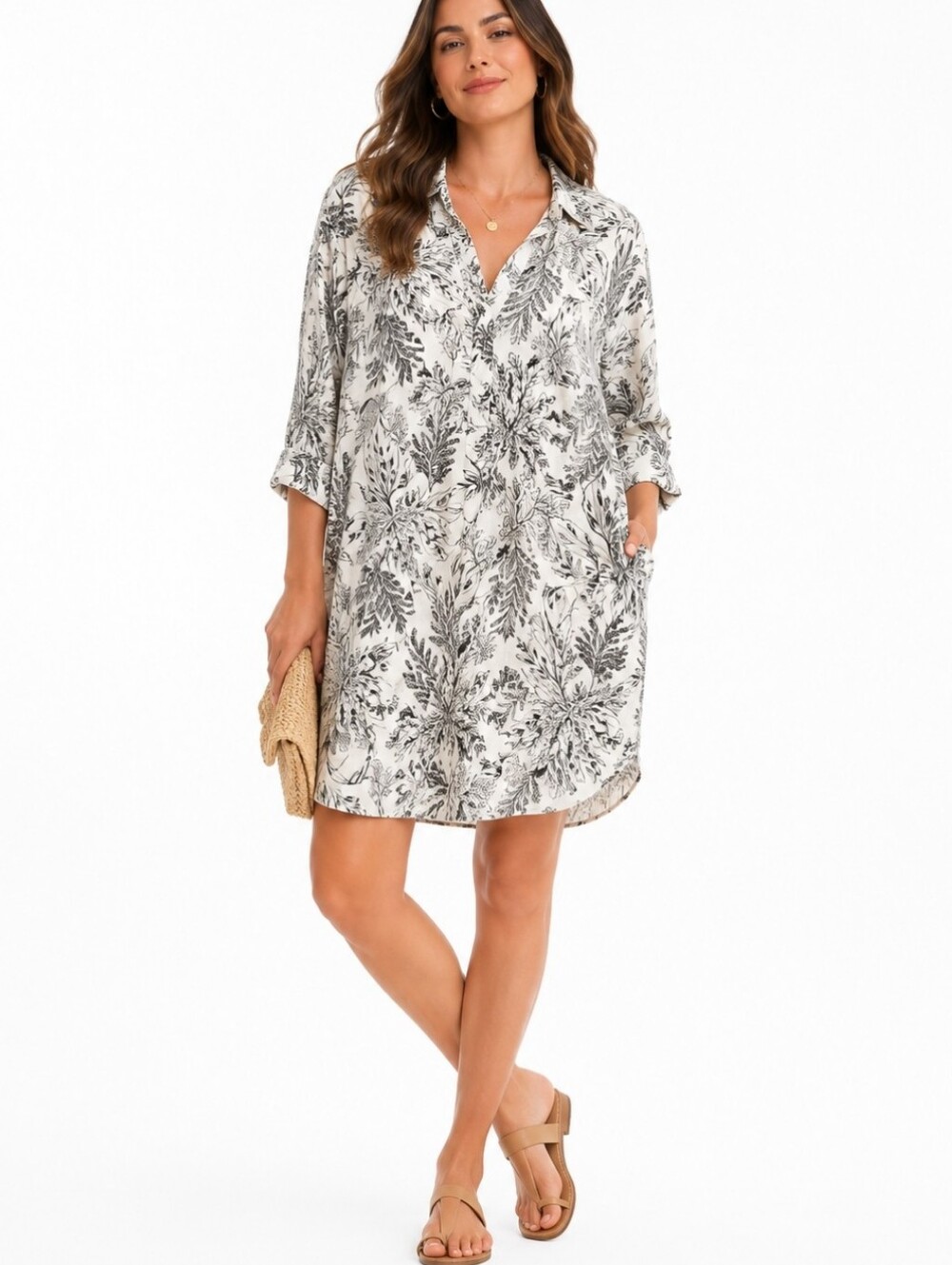 Tahari 100% Linen Tunic Shirt Dress Tropical Botanical Print Size Large Resort